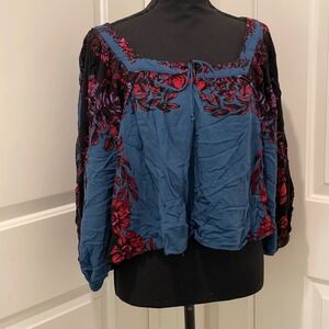 Free People Blue Floral Square Neck Tie Front Long Sleeve Blouse Top XS